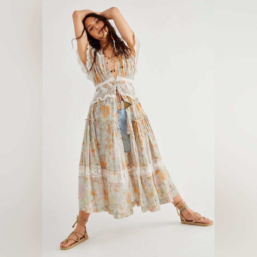 Free People Floral Lace Maxi Top - Cream and Tan
